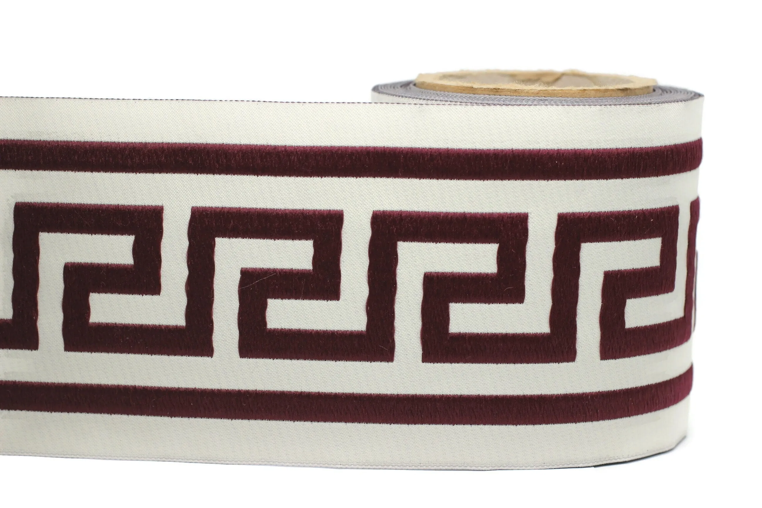 100mm Beige&Claret Red Greek Key Ribbons (3.93 inch), Meander Jacquard Trim, Drapery Trim Tape, Curtain Making Upholstery Fabric 197 V6