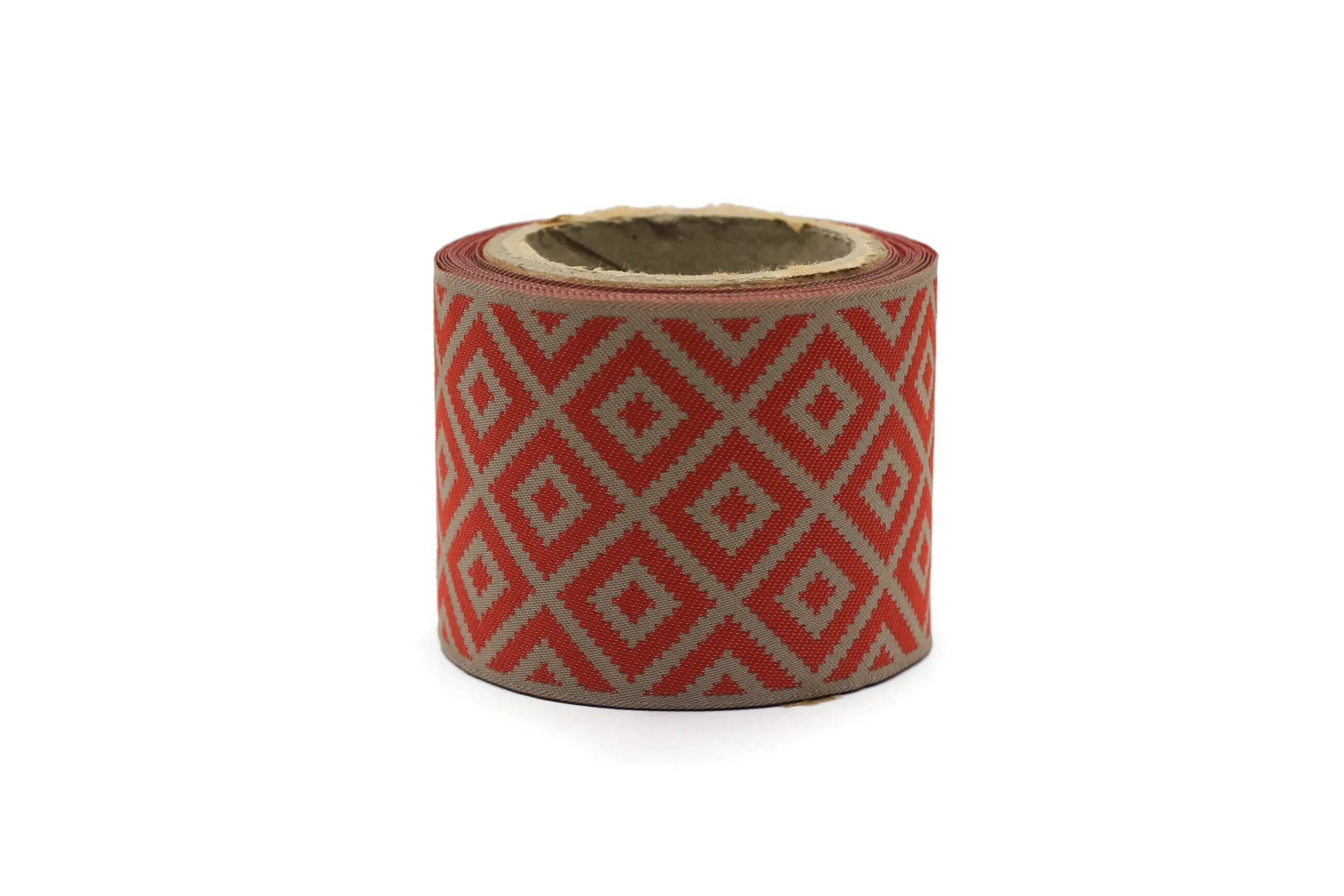 100mm Red&Light BrownMosaic Ribbon for Drapery Banding (3.93 inch), Jacquard Trim, Drapery Banding Tape, Curtain Making Fabric Drape 194 V6