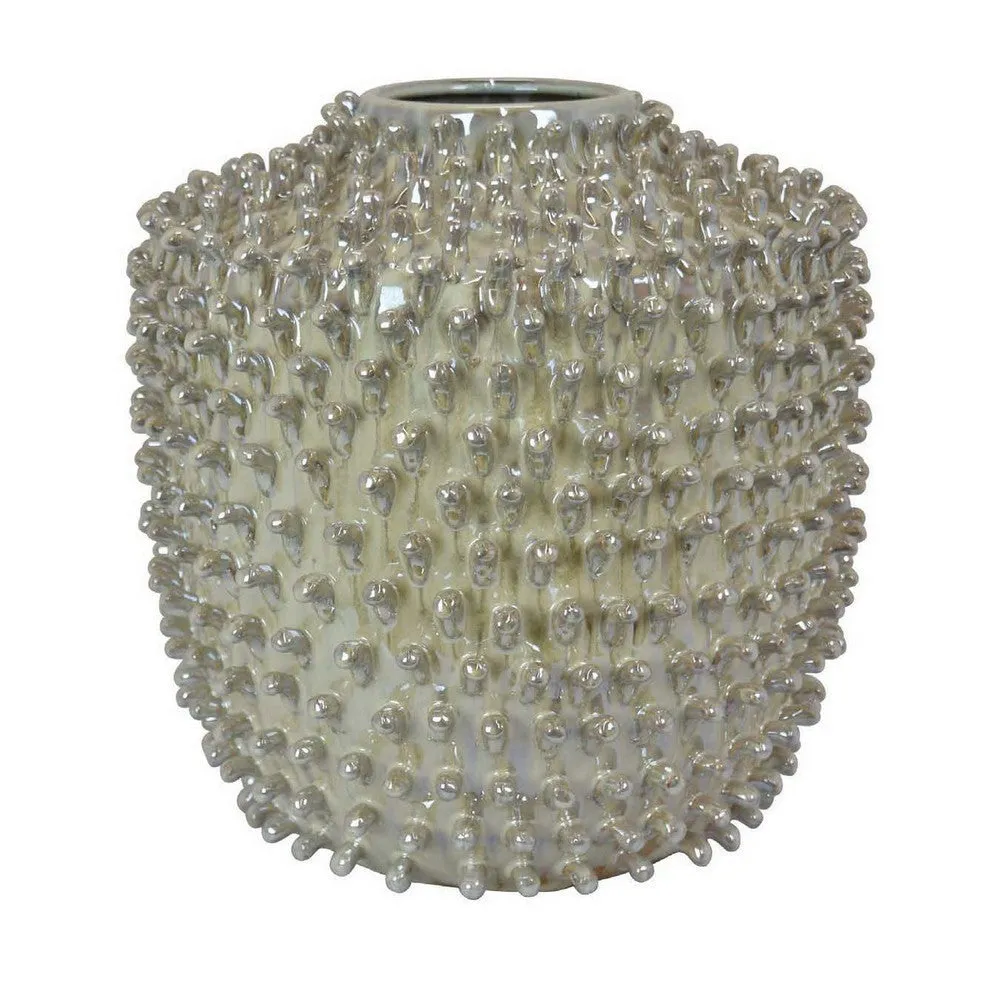 12 Inch Accent Vase, Modern Studded Accents, Distressed Gray Ceramic Finish By Casagear Home