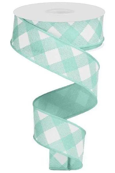 1.5" Diagonal Check On Royal Ribbon: Mint Green & White (10 Yards)