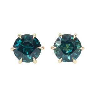 2.66ctw Untreated African Blue Sapphire Six Prong Stud Earrings in 18k Yellow Gold