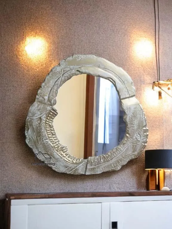 AESTHETIC DECOR Wooden Antique Handcrafted Mirror Frame with Live Edge Oval Shape Wall Mount for Makeup and Dressing (24"x24") Inches. (White Gold)