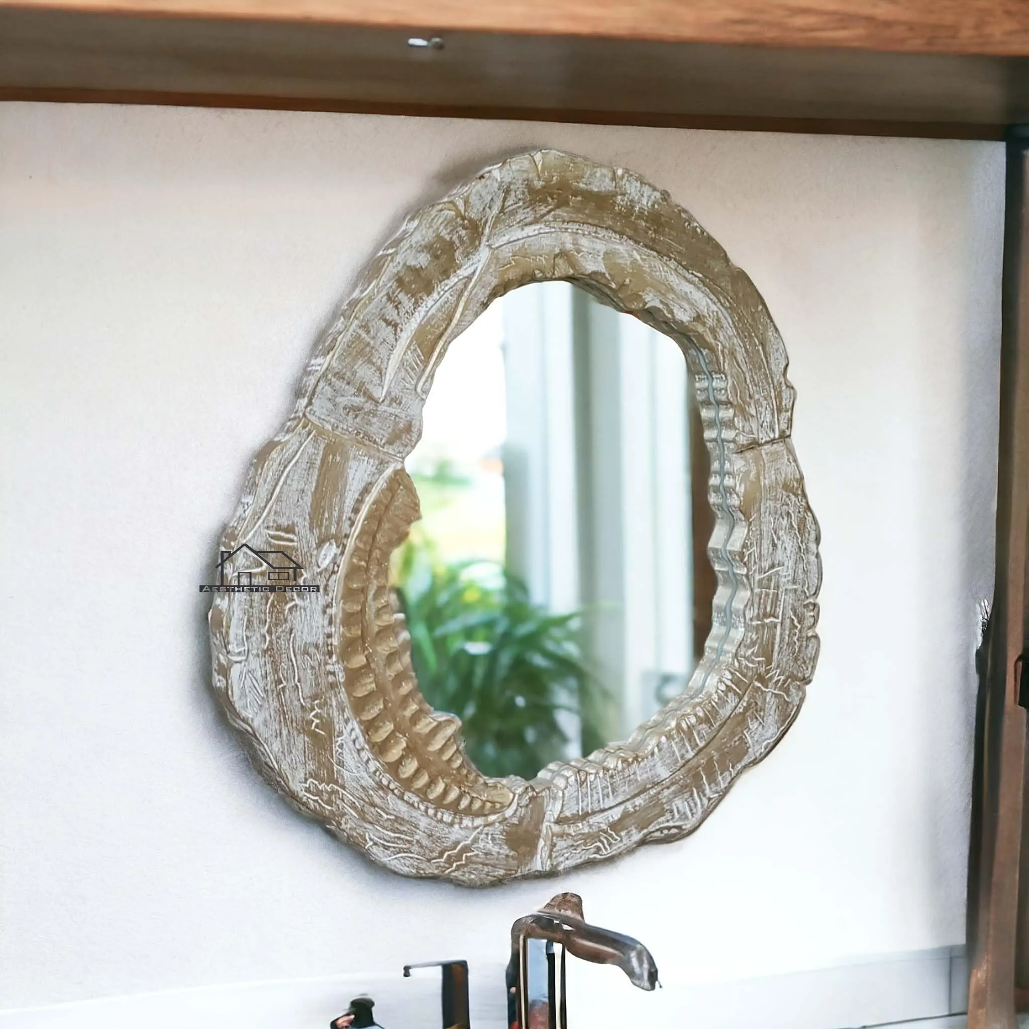 AESTHETIC DECOR Wooden Antique Handcrafted Mirror Frame with Live Edge Oval Shape Wall Mount for Makeup and Dressing (24"x24") Inches. (White Gold)