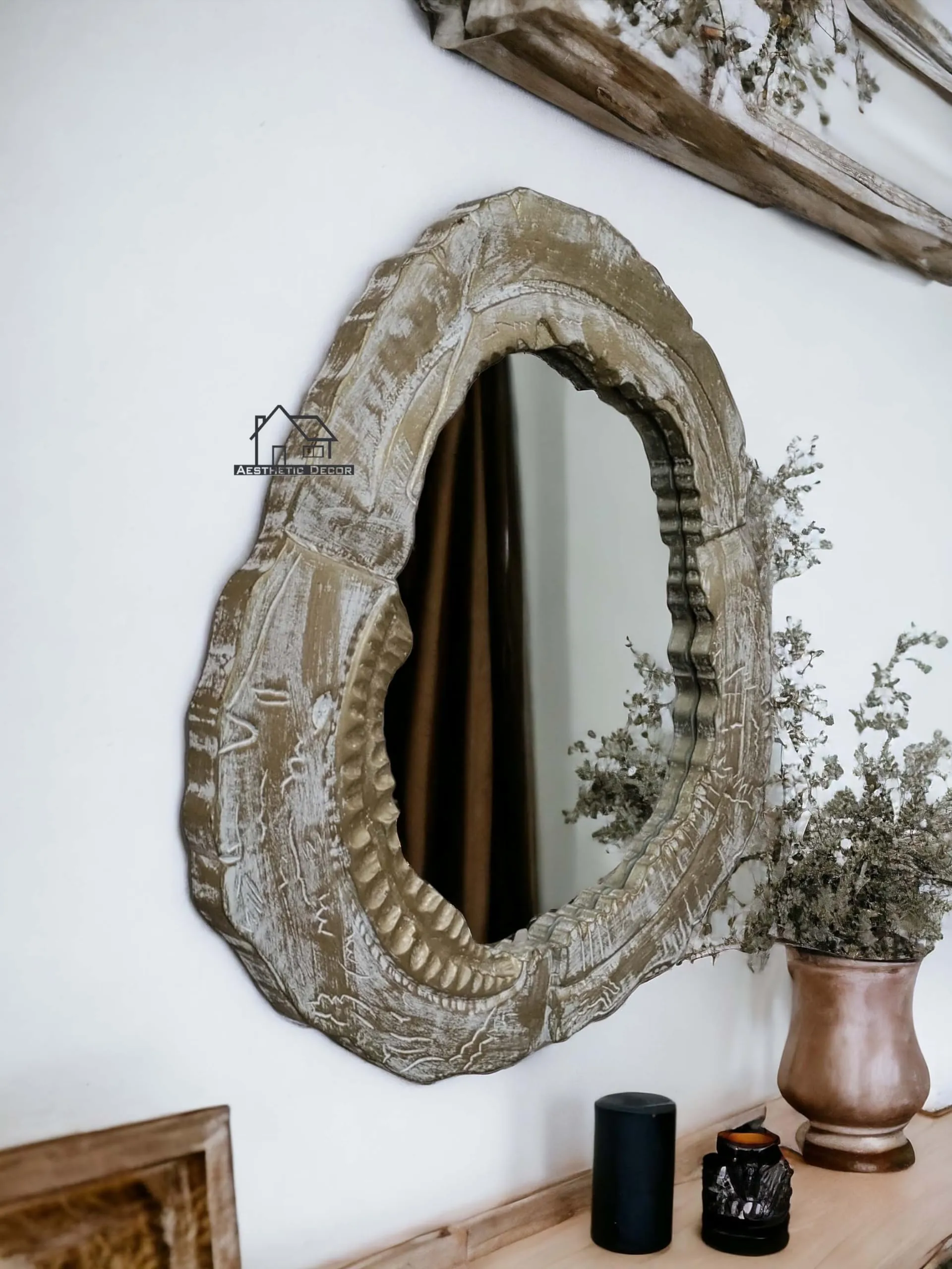 AESTHETIC DECOR Wooden Antique Handcrafted Mirror Frame with Live Edge Oval Shape Wall Mount for Makeup and Dressing (24"x24") Inches. (White Gold)