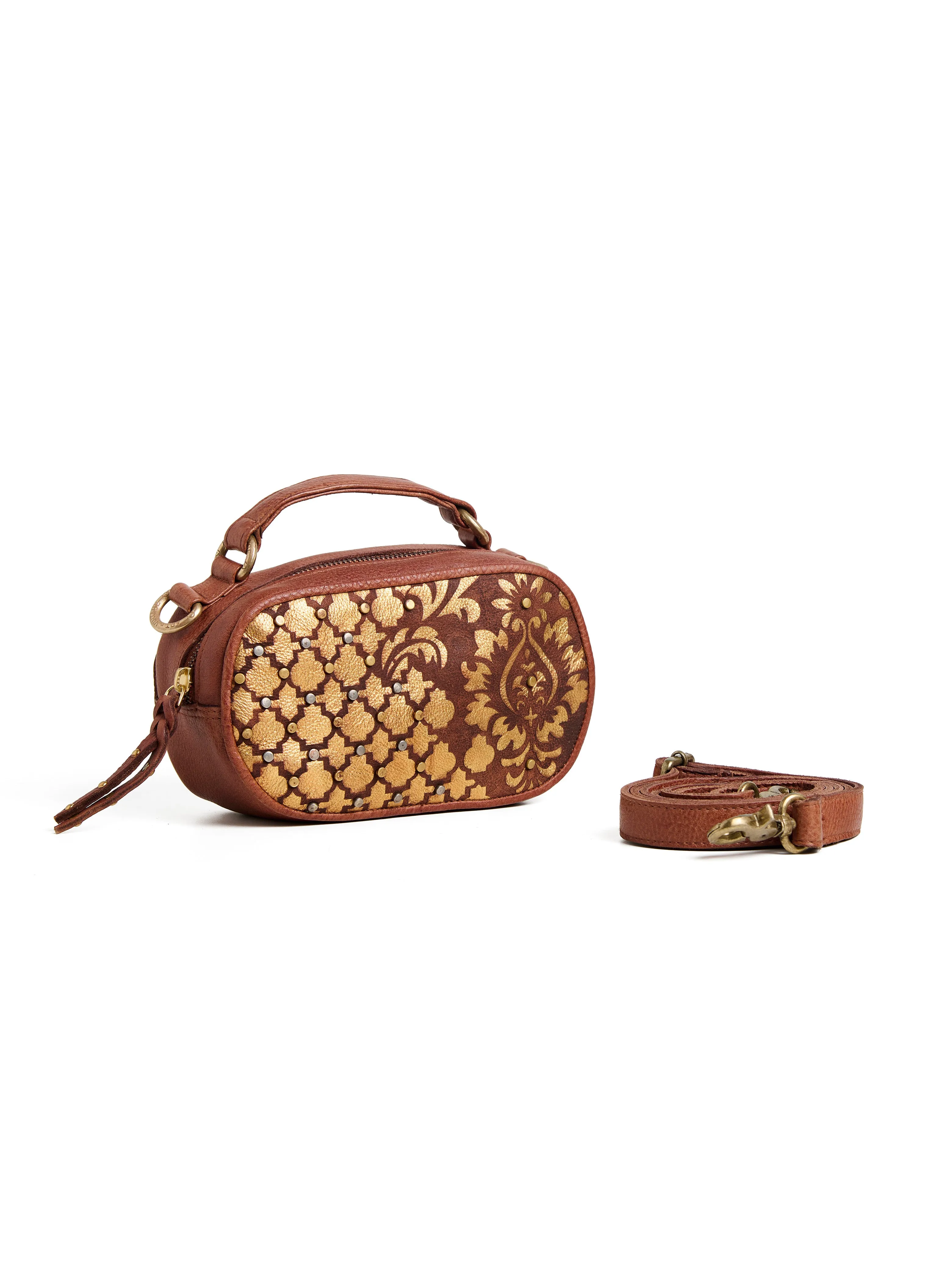 Art N Vintage Womens Real Leather Sling Bag with Gold Intricate Design- Tan