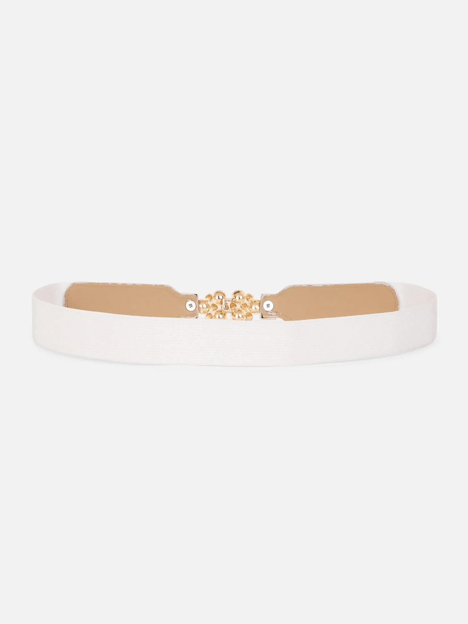 Berrylush Women Solid White Pearl Studded Golden Studded PU Nylon Interlock Regular Slim Belt