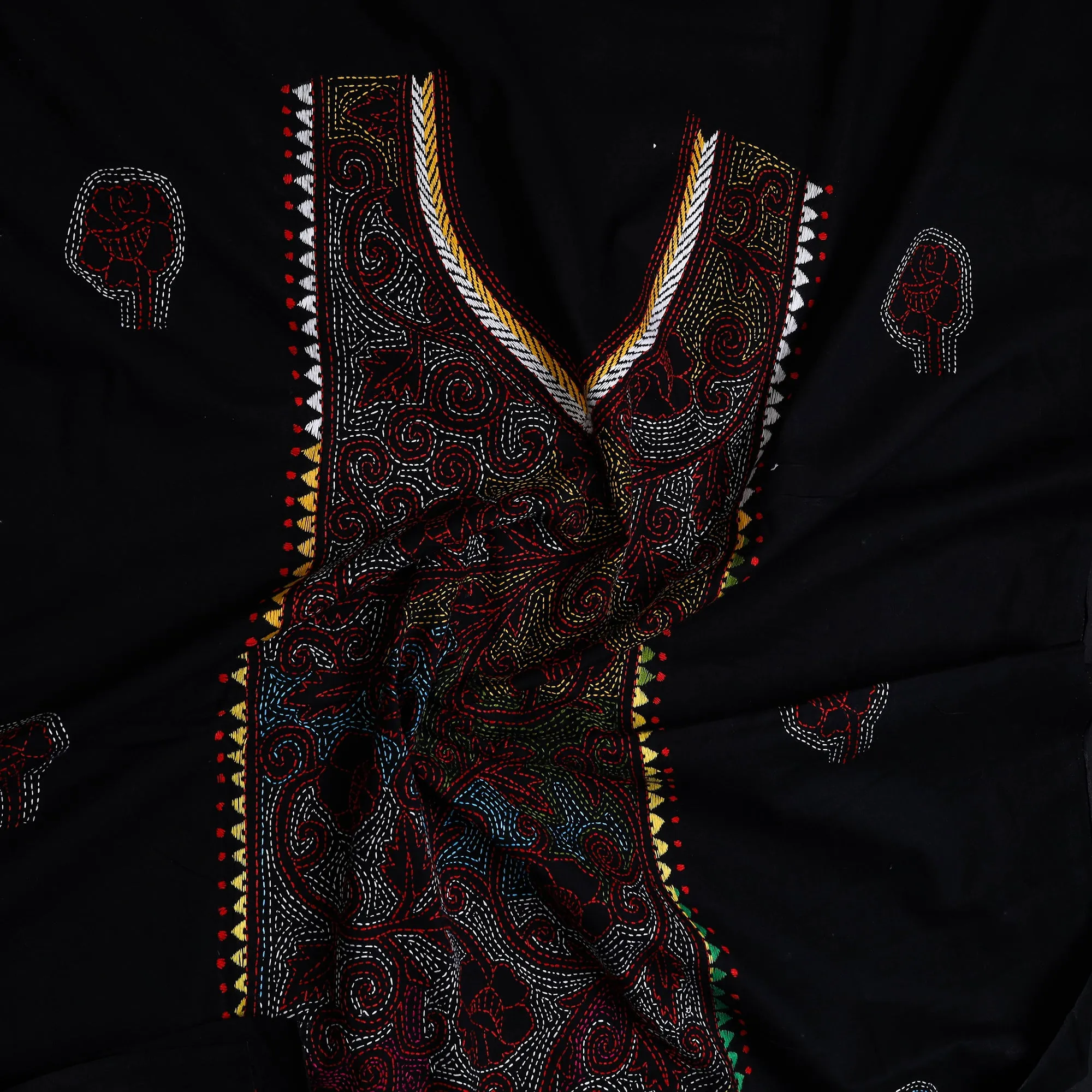 Black - Bengal Kantha Embroidery Cotton Kurta Material - (2.75m) 22