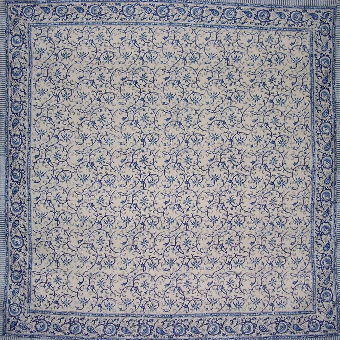 Block Print Rajasthan Vine Square Cotton Tablecloth 60" x 60" Blue