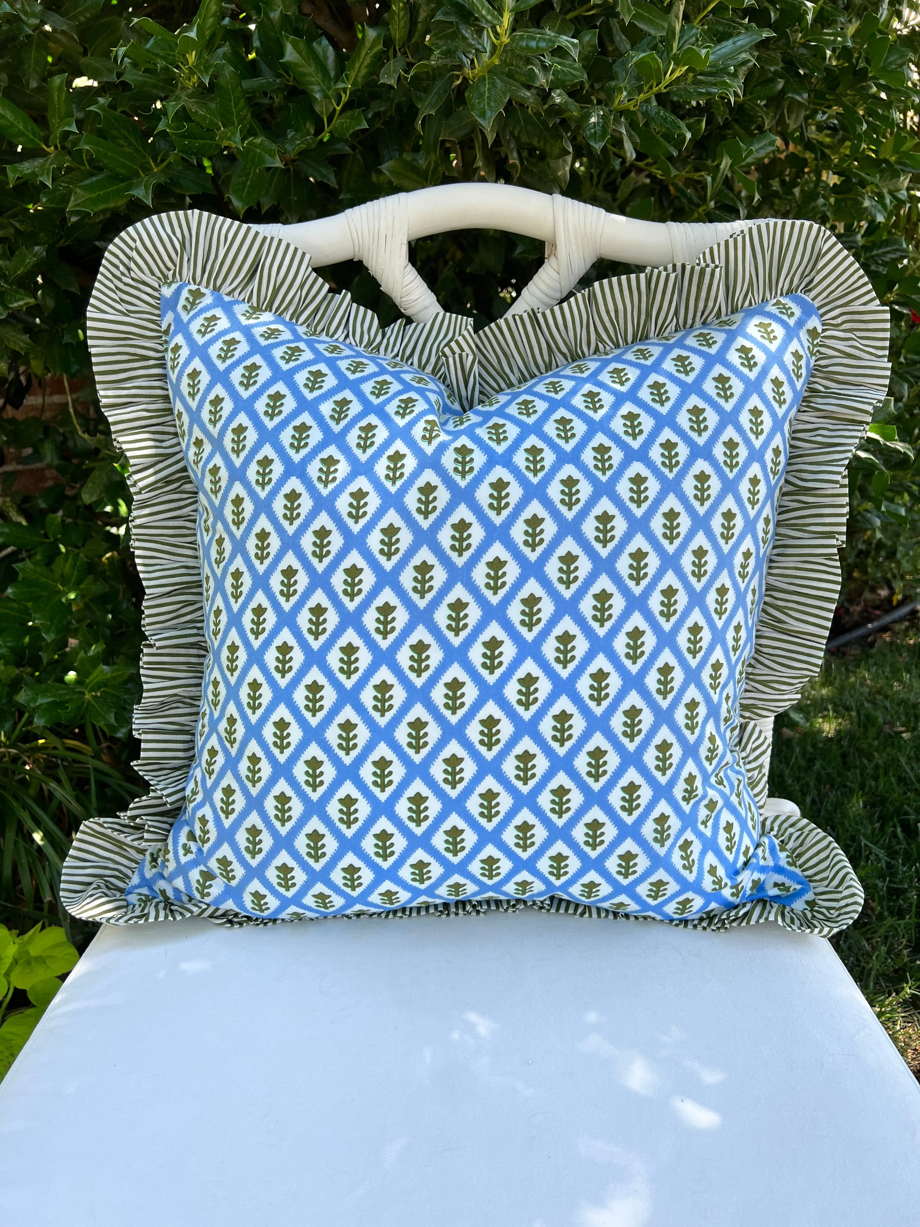 Blue block print pillow cover with ruffle trim, custom monogram available, insert not included