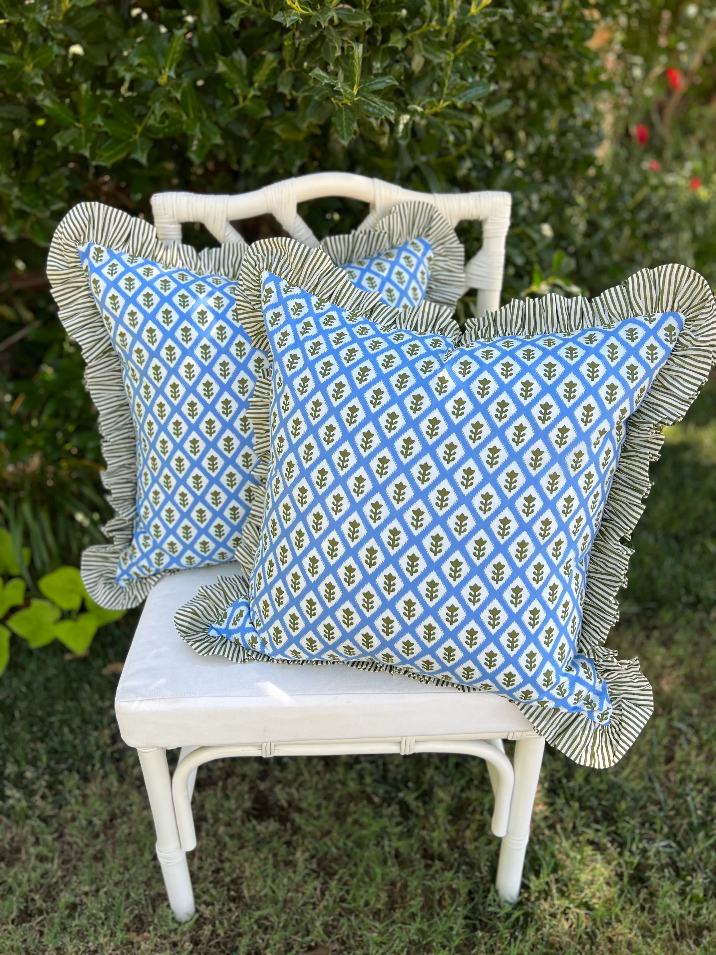 Blue block print pillow cover with ruffle trim, custom monogram available, insert not included