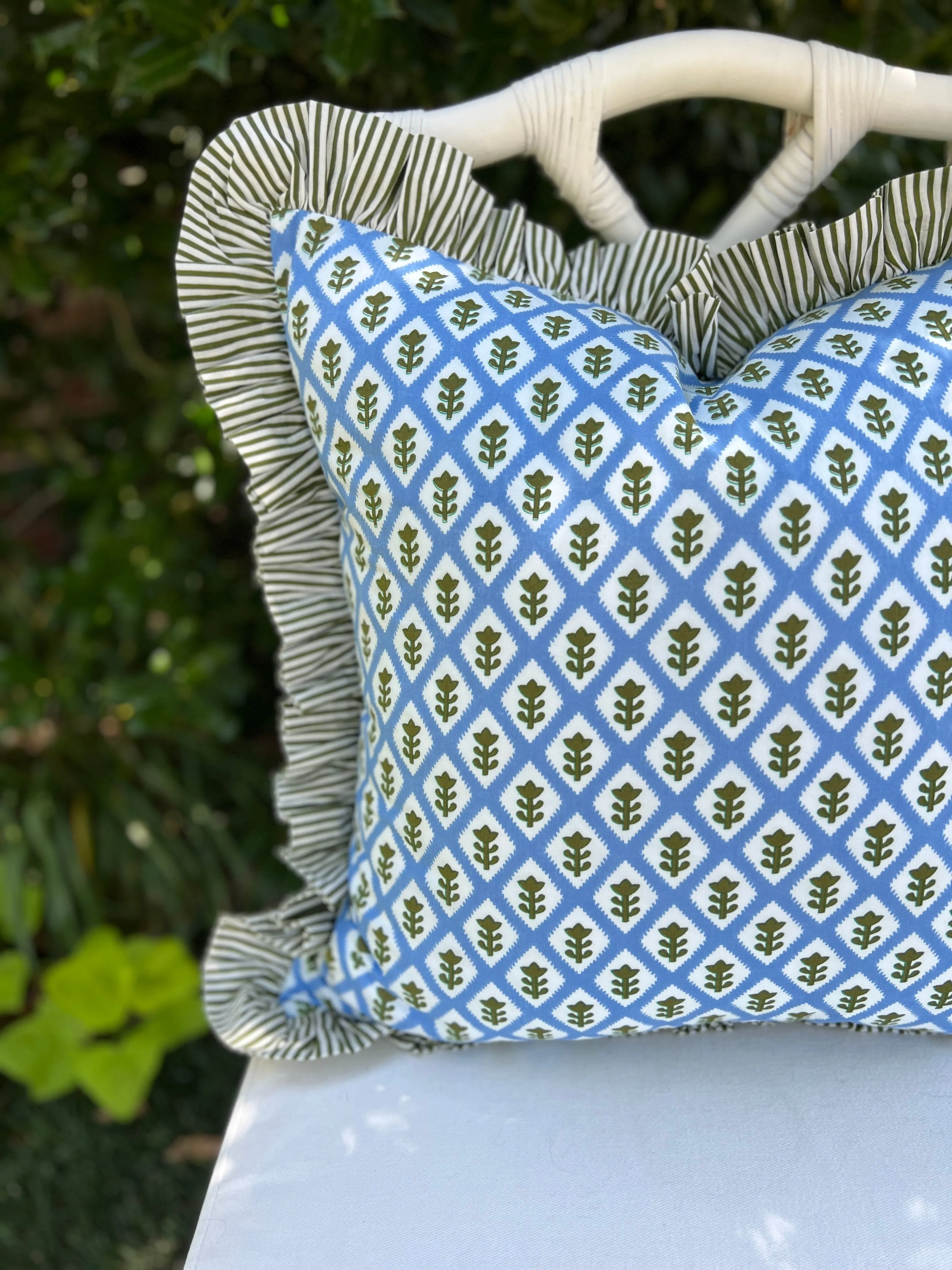 Blue block print pillow cover with ruffle trim, custom monogram available, insert not included