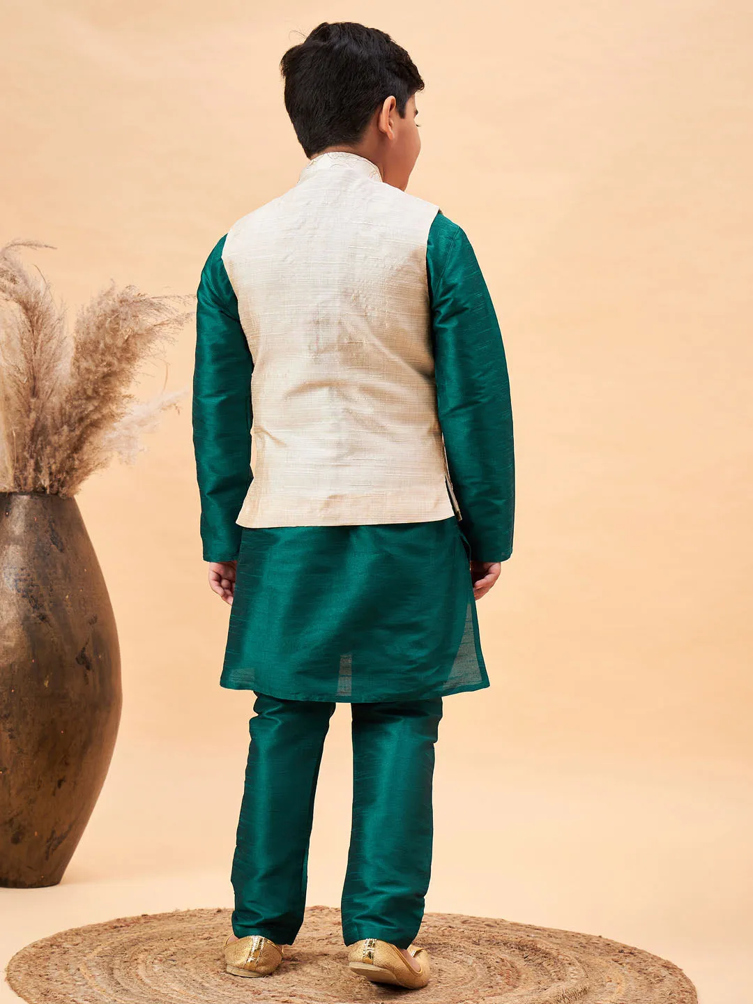 Boy's Beige And Green Jacket, Kurta And Pyjama Set - Vastramay Boys