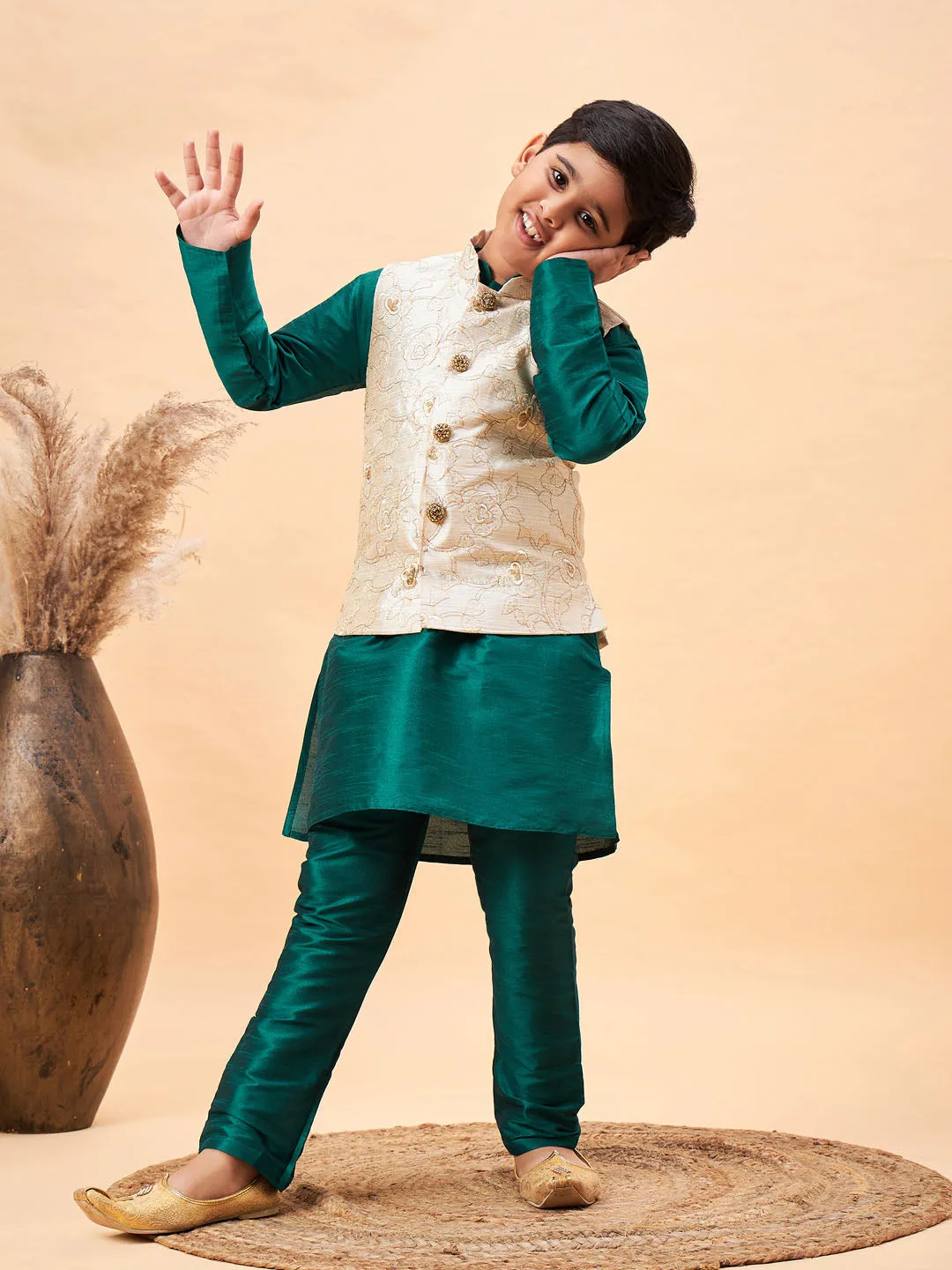 Boy's Beige And Green Jacket, Kurta And Pyjama Set - Vastramay Boys