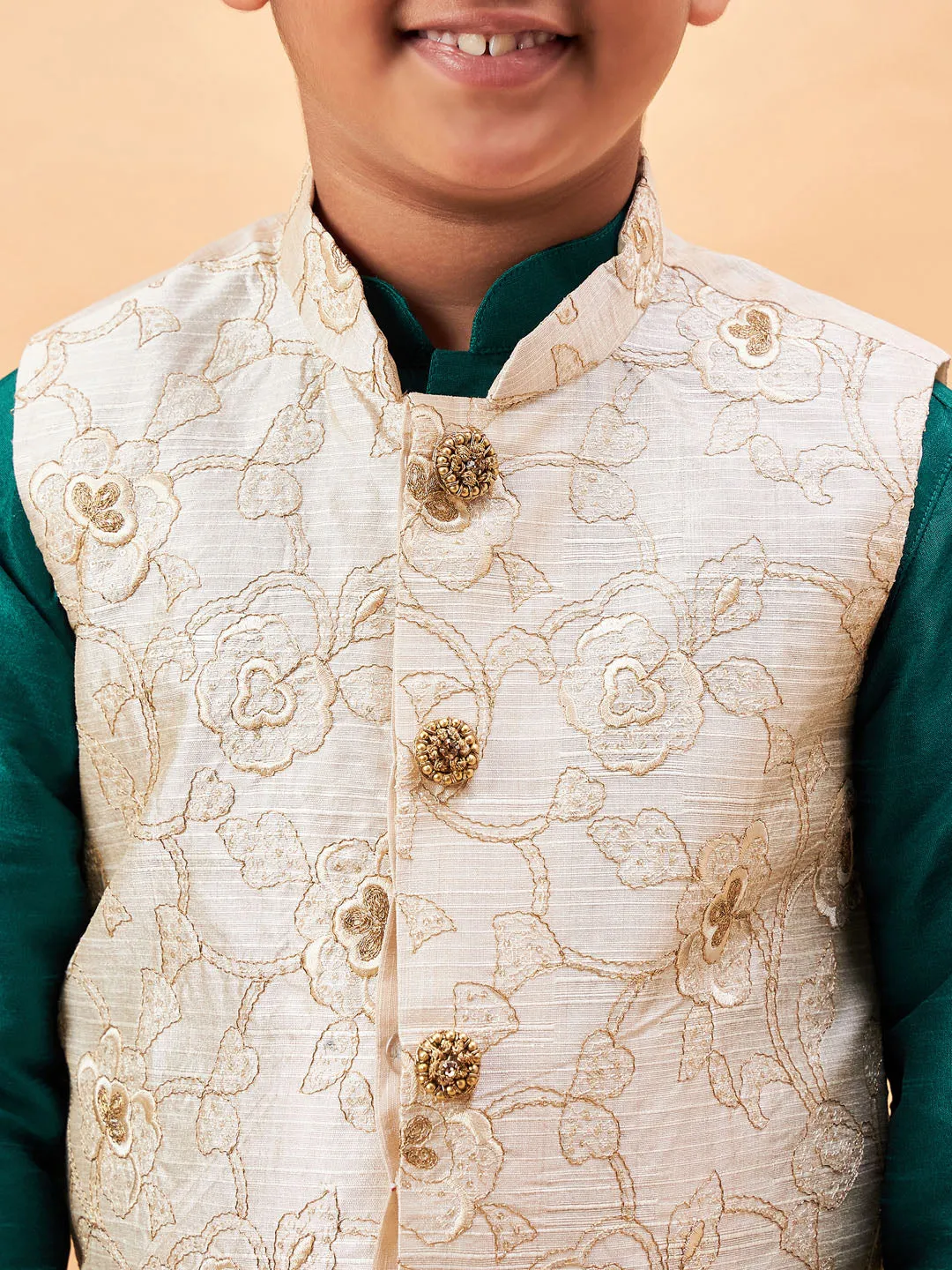 Boy's Beige And Green Jacket, Kurta And Pyjama Set - Vastramay Boys