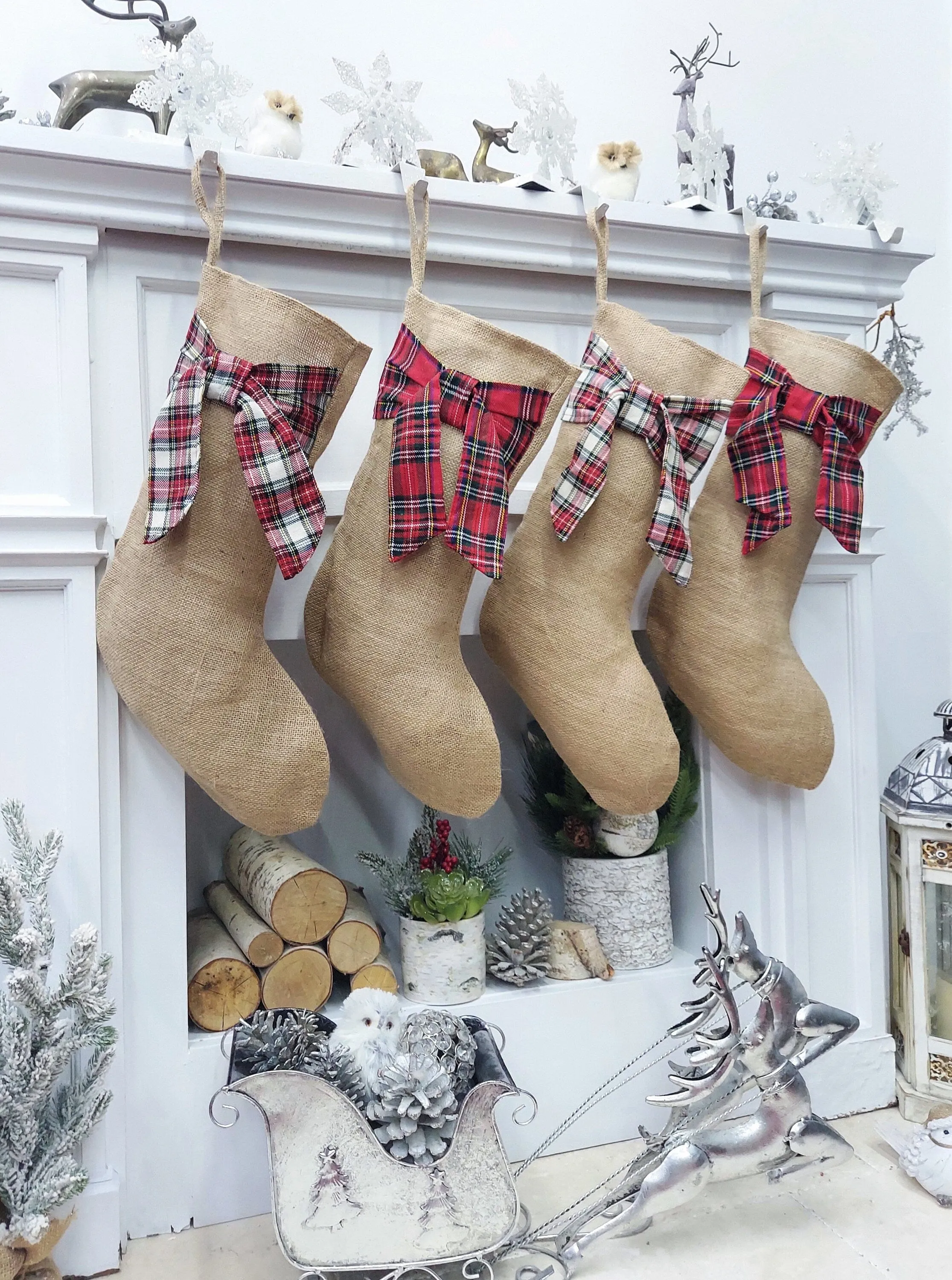 Burlap with Tartan Bow Christmas Stocking | Natural Jute Fibers Plaid Gaelic Highlands Stewart Scottish  Rustic Farmhouse Xmas Decor