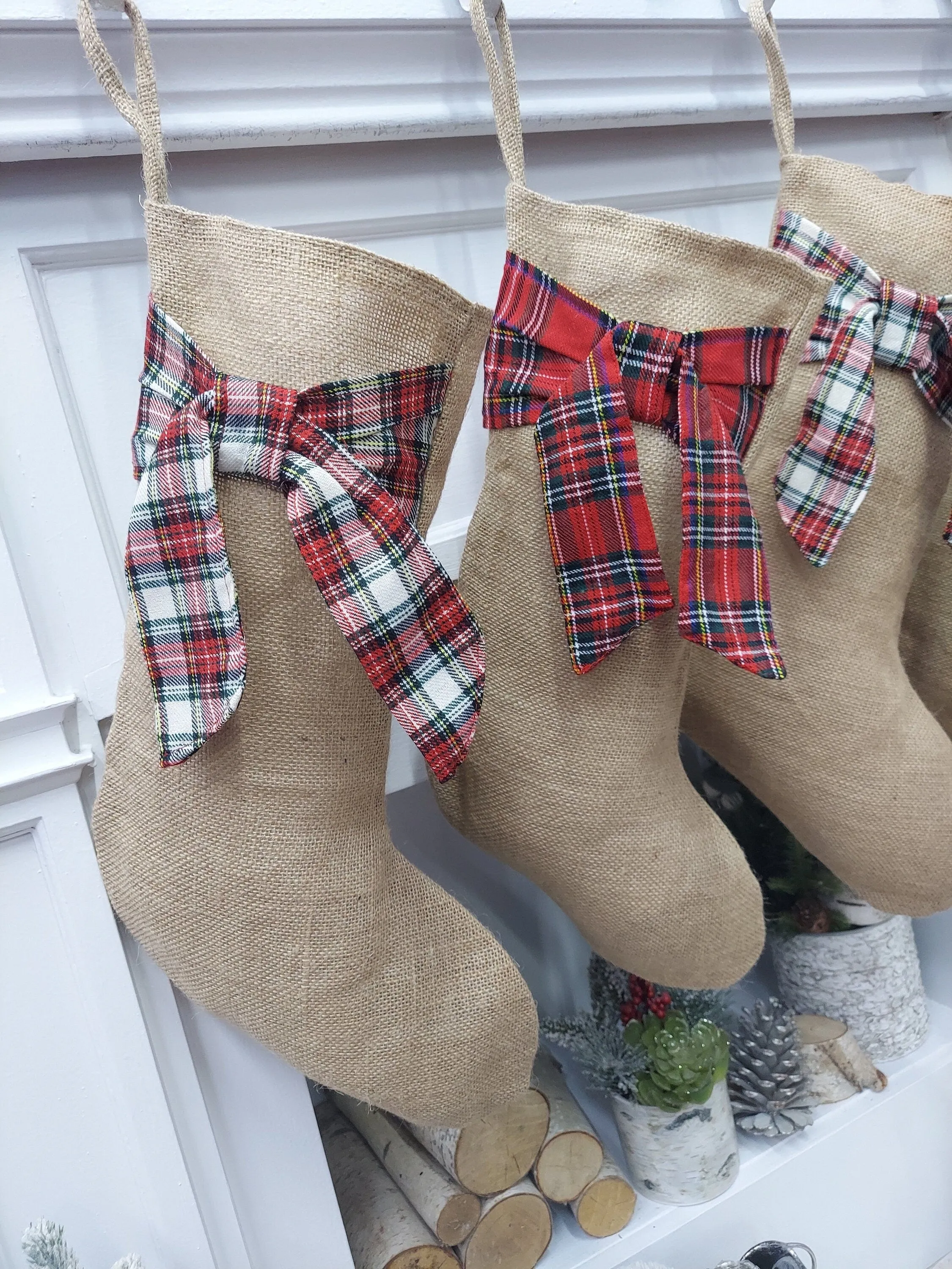 Burlap with Tartan Bow Christmas Stocking | Natural Jute Fibers Plaid Gaelic Highlands Stewart Scottish  Rustic Farmhouse Xmas Decor