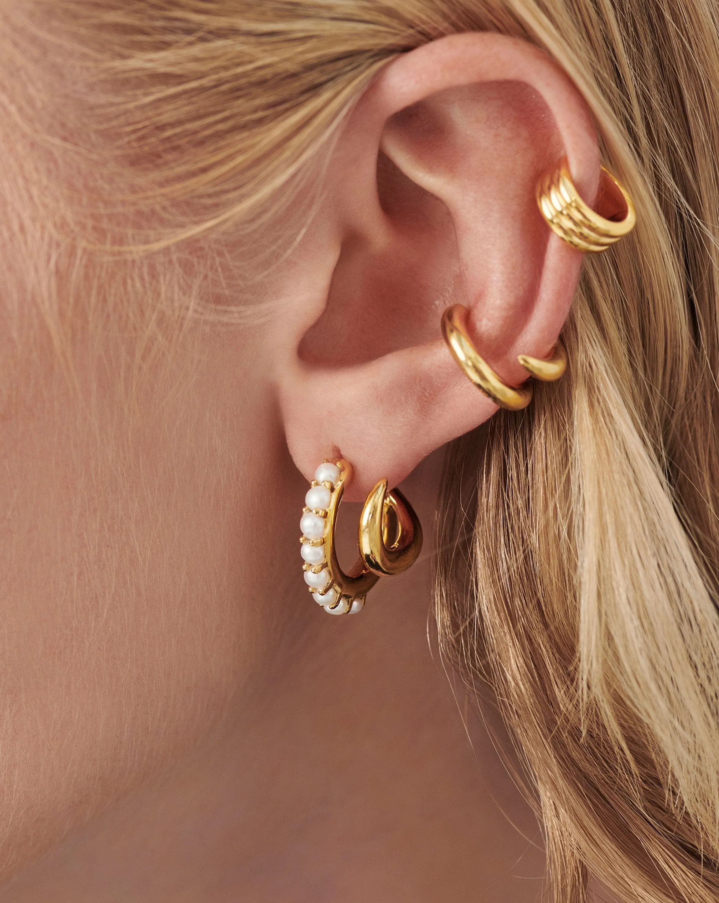 Claw Studded Pearl Double Hoop Earrings | 18ct Gold Plated/Pearl