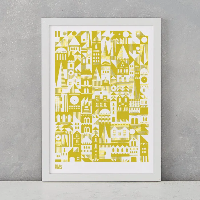 'Coming Home' Geometric Art Print in Yellow Moss