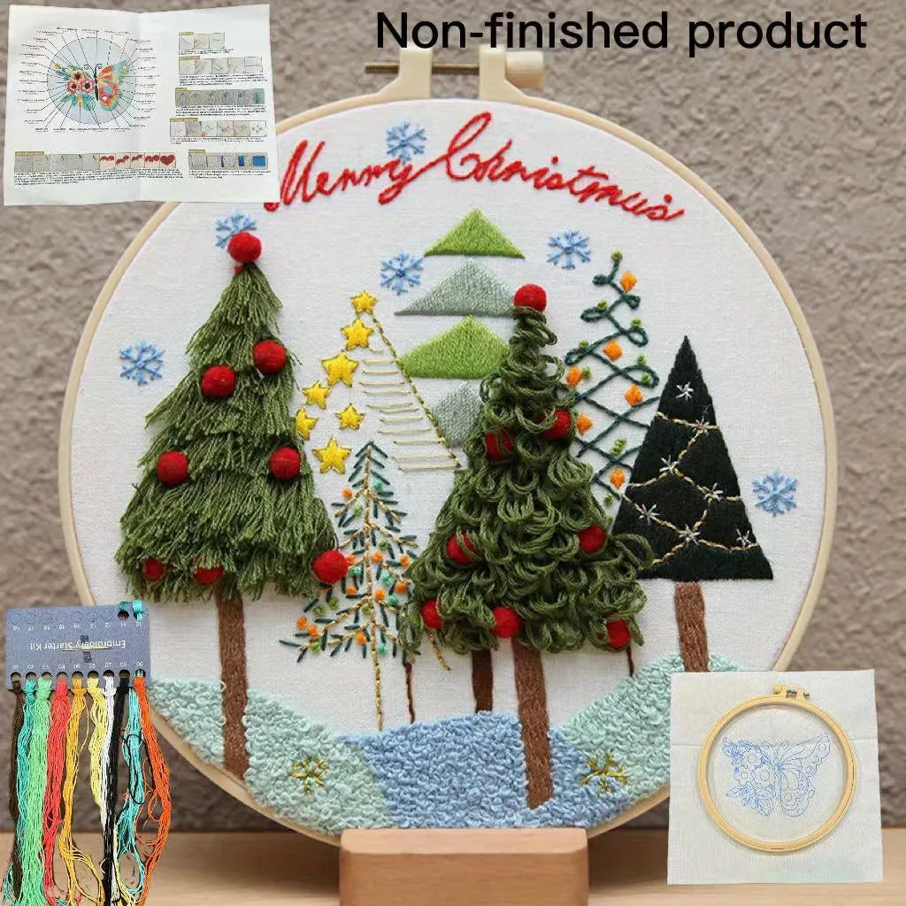 Complete 3D Embroidery Kit with Christmas Patterns and Hoop