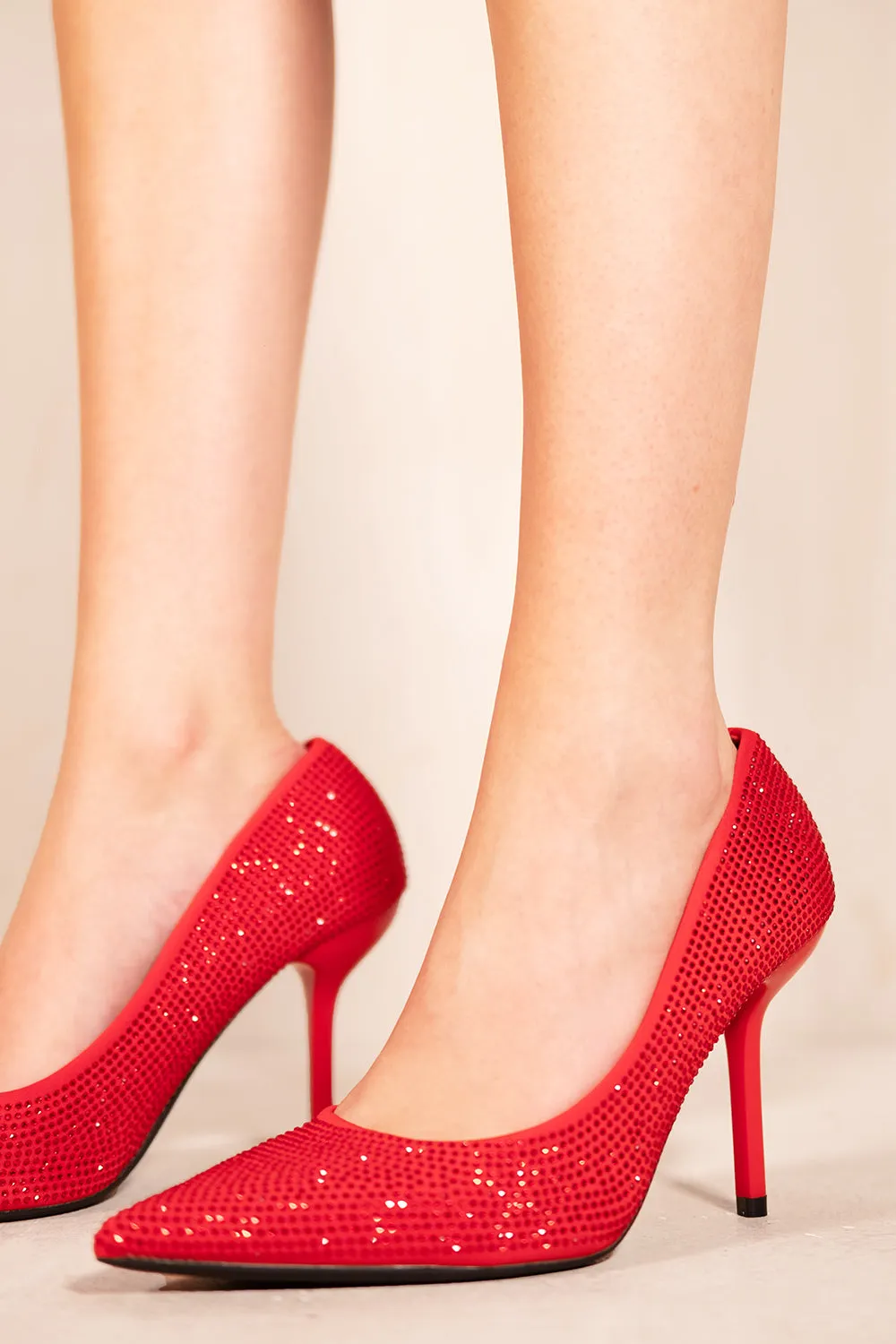 DABELLA POINTED TOE HIGH HEELS DIAMANTE EMBELLISHED IN ROUGE RED SILK