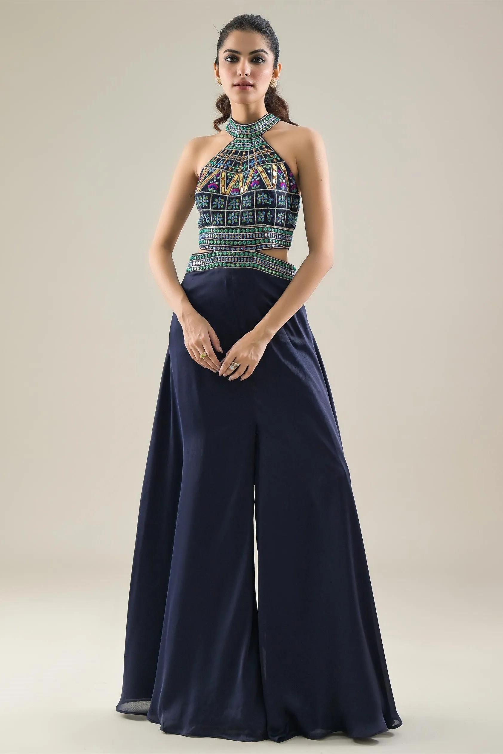 Deep Blue Embroidered Chinon Satin Silk Jumpsuit