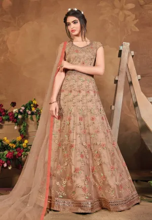 Flawless Beige Net Embroidered Floor Length Anarkali Suit