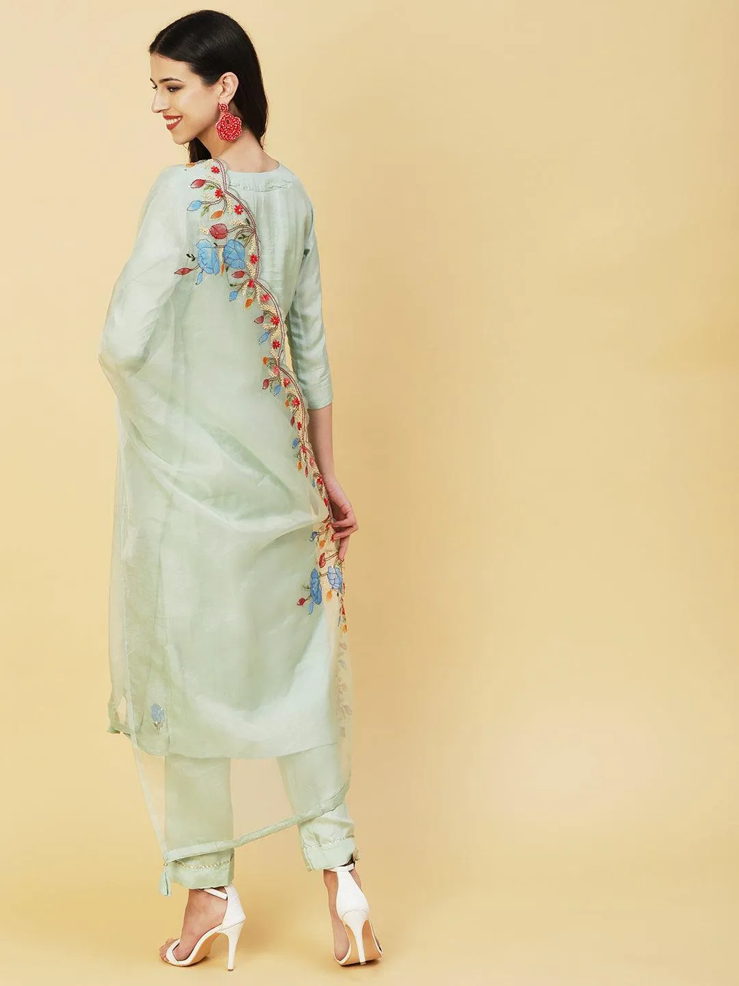 Floral Hand Painted Kantha Embroidered Kurta With Pants & Hand Painted Dupatta - Mint Green