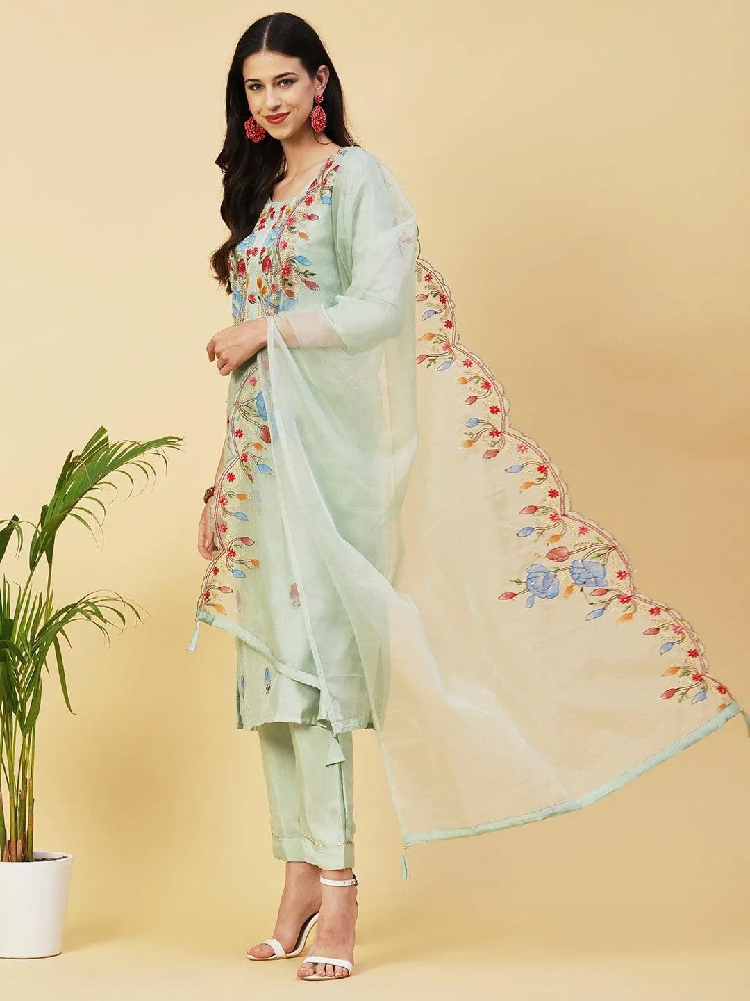 Floral Hand Painted Kantha Embroidered Kurta With Pants & Hand Painted Dupatta - Mint Green