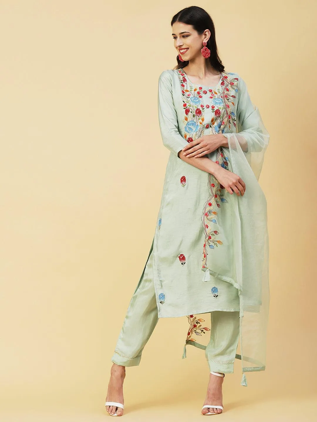 Floral Hand Painted Kantha Embroidered Kurta With Pants & Hand Painted Dupatta - Mint Green