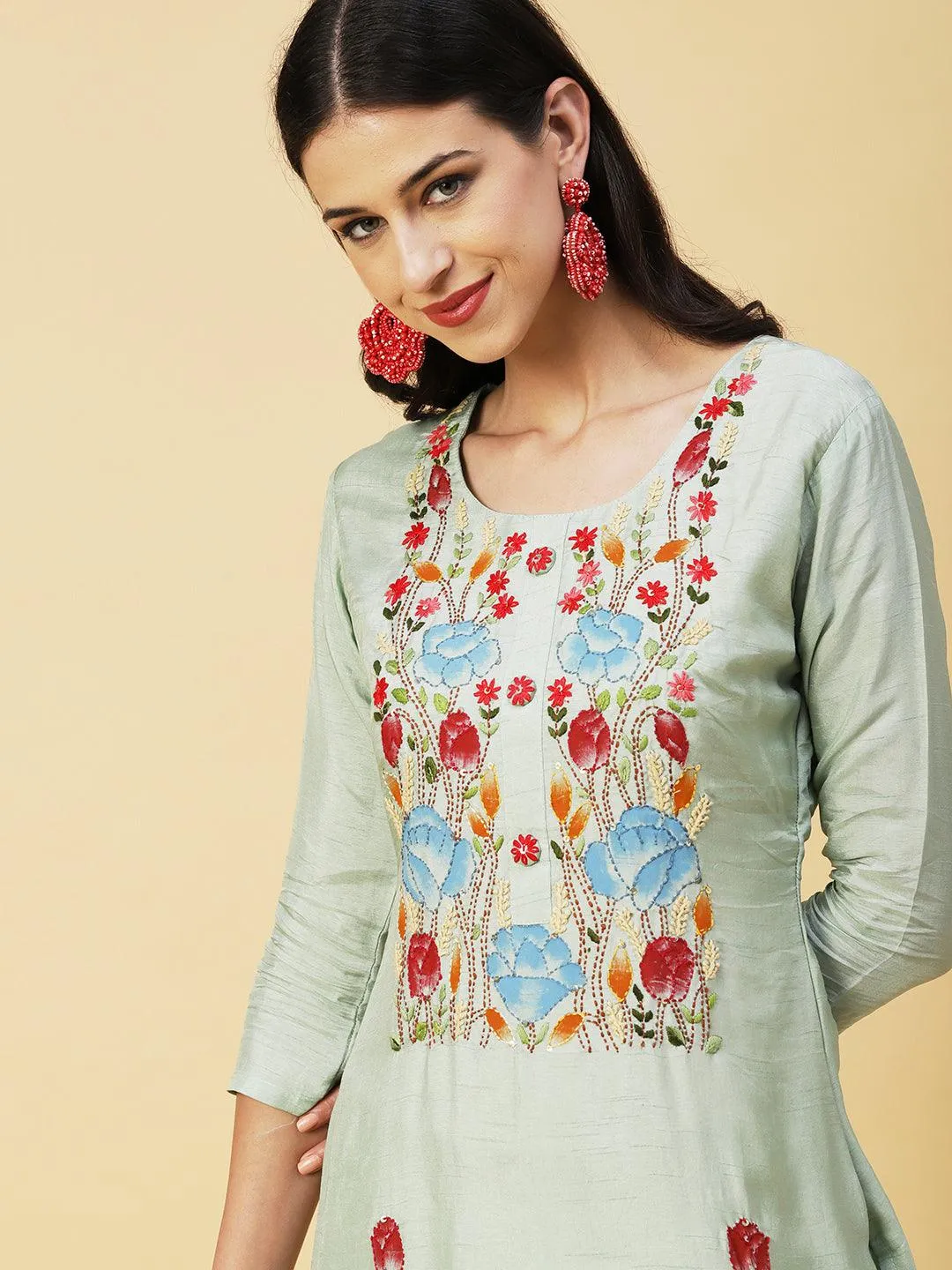 Floral Hand Painted Kantha Embroidered Kurta With Pants & Hand Painted Dupatta - Mint Green