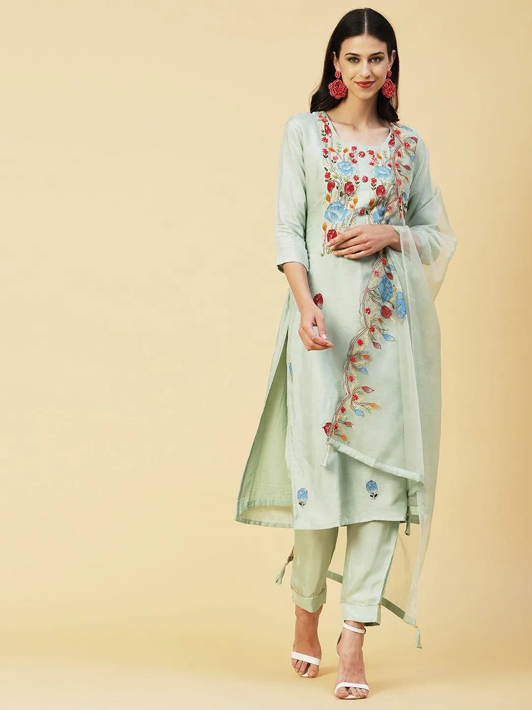 Floral Hand Painted Kantha Embroidered Kurta With Pants & Hand Painted Dupatta - Mint Green