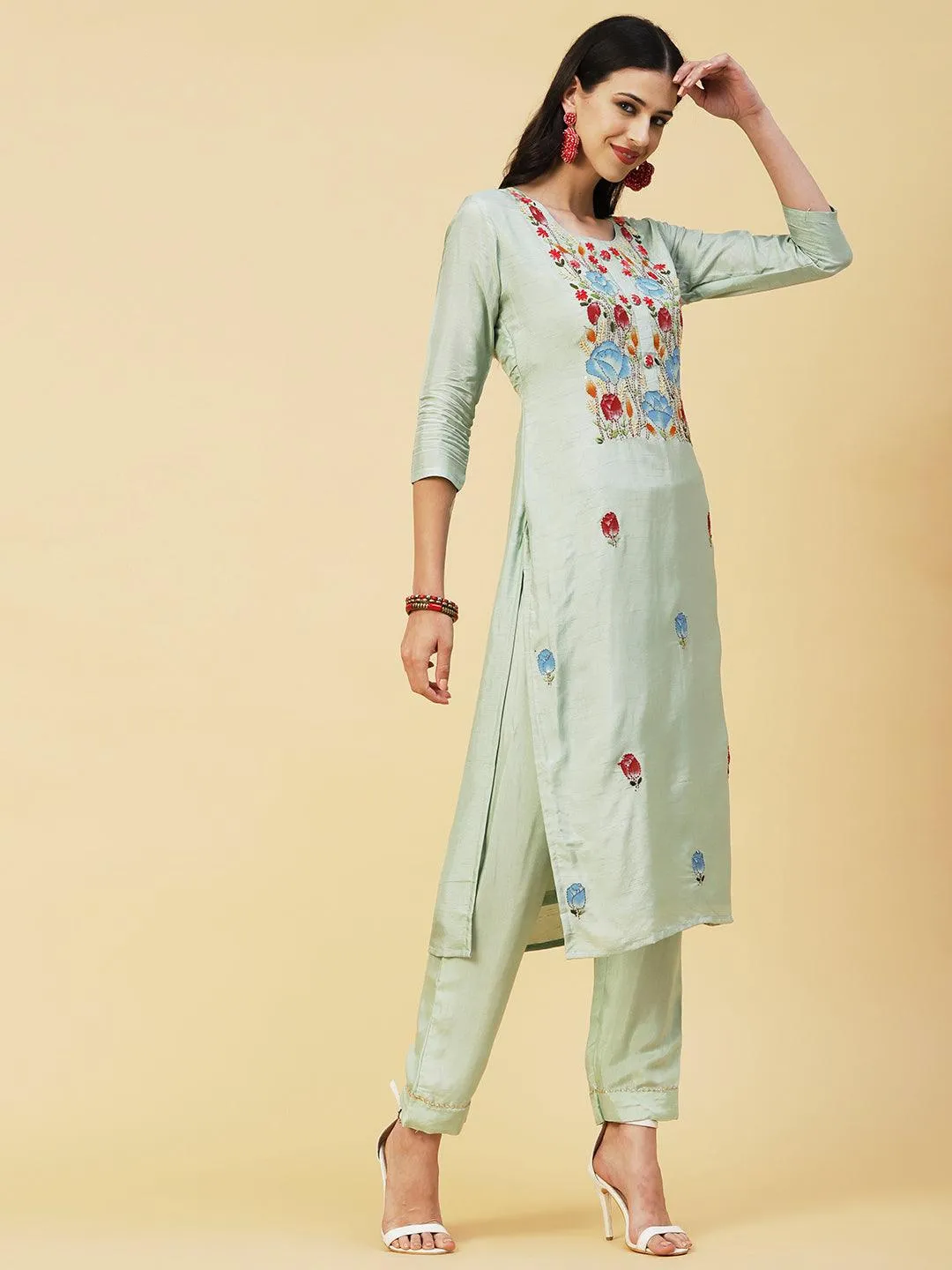 Floral Hand Painted Kantha Embroidered Kurta With Pants & Hand Painted Dupatta - Mint Green