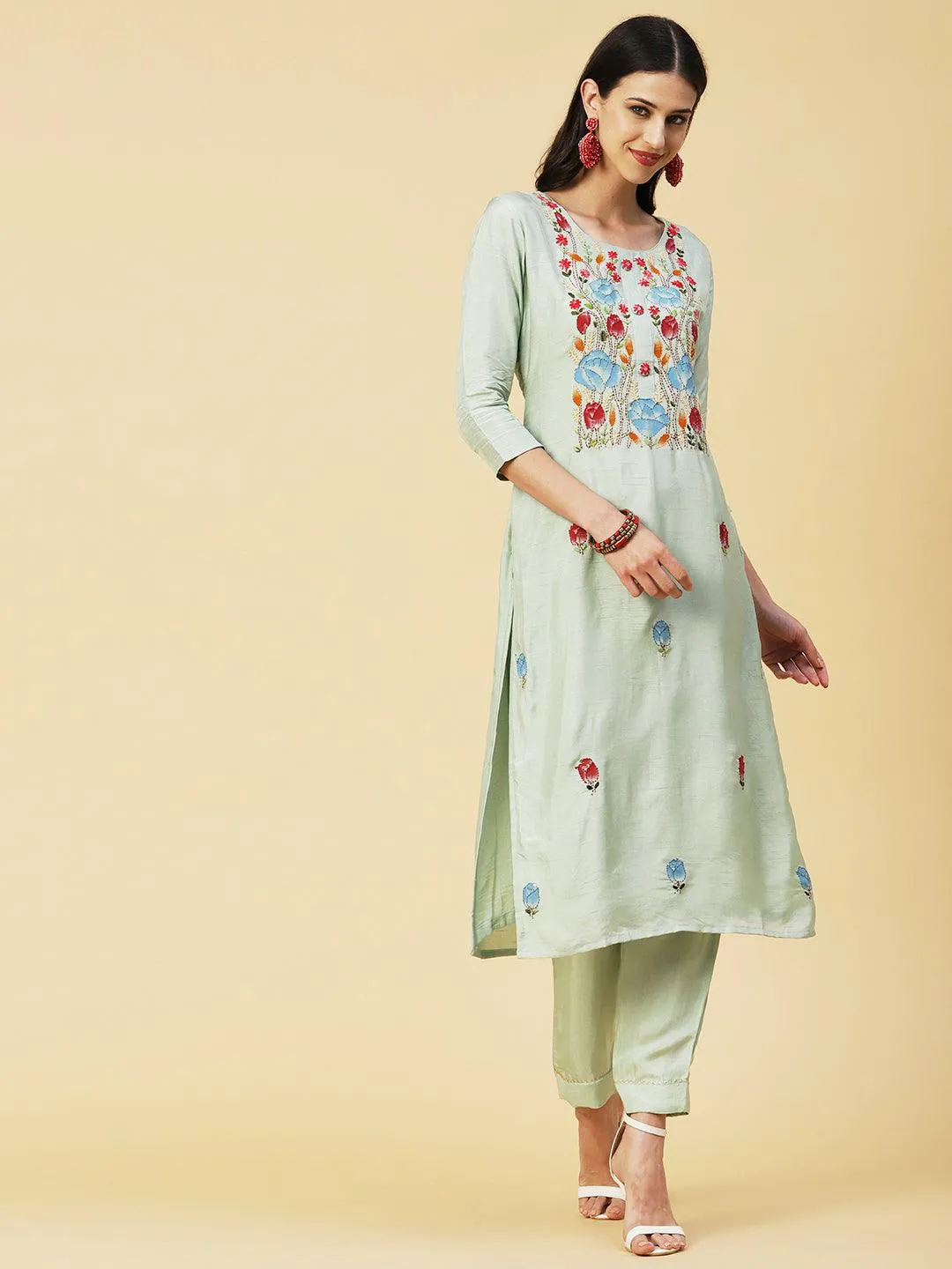 Floral Hand Painted Kantha Embroidered Kurta With Pants & Hand Painted Dupatta - Mint Green