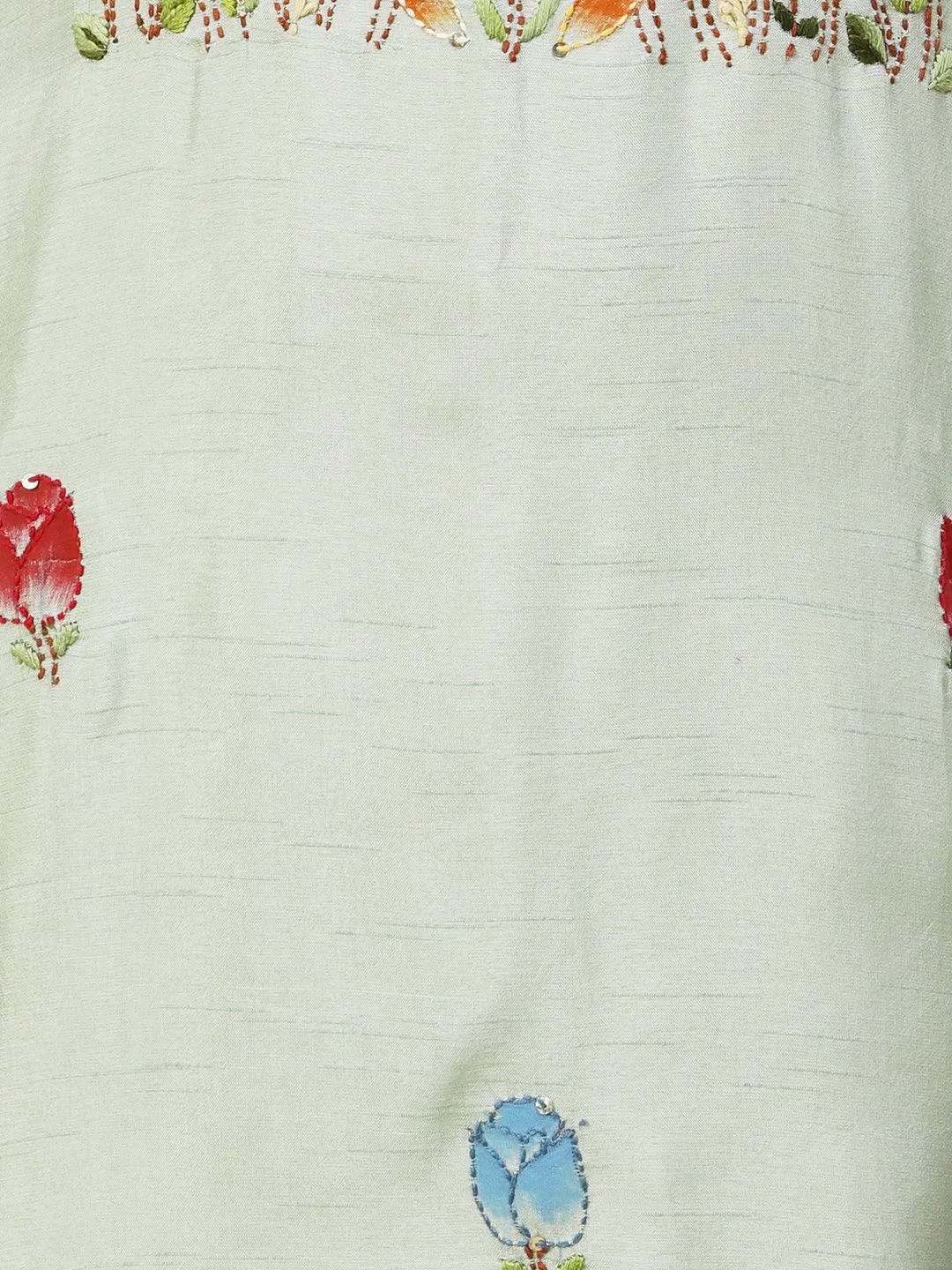 Floral Hand Painted Kantha Embroidered Kurta With Pants & Hand Painted Dupatta - Mint Green