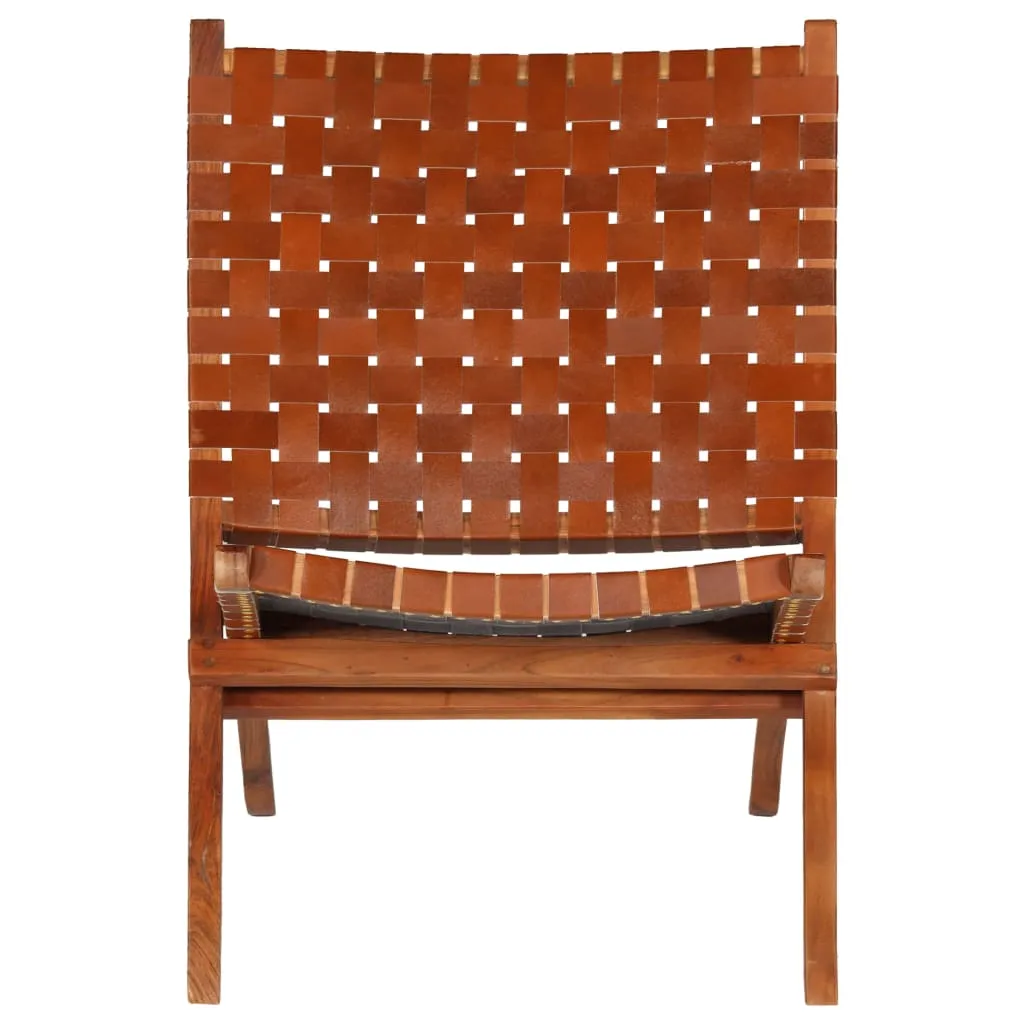 Folding Chair Crossed-Stripe Brown Real Leather