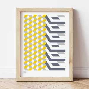 Geometric 'Cube' Art Print in Yellow/Grey