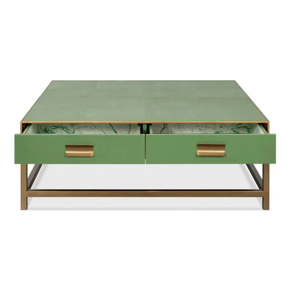 Gideon Wood and Shagreen Leather Green Square Coffee Table