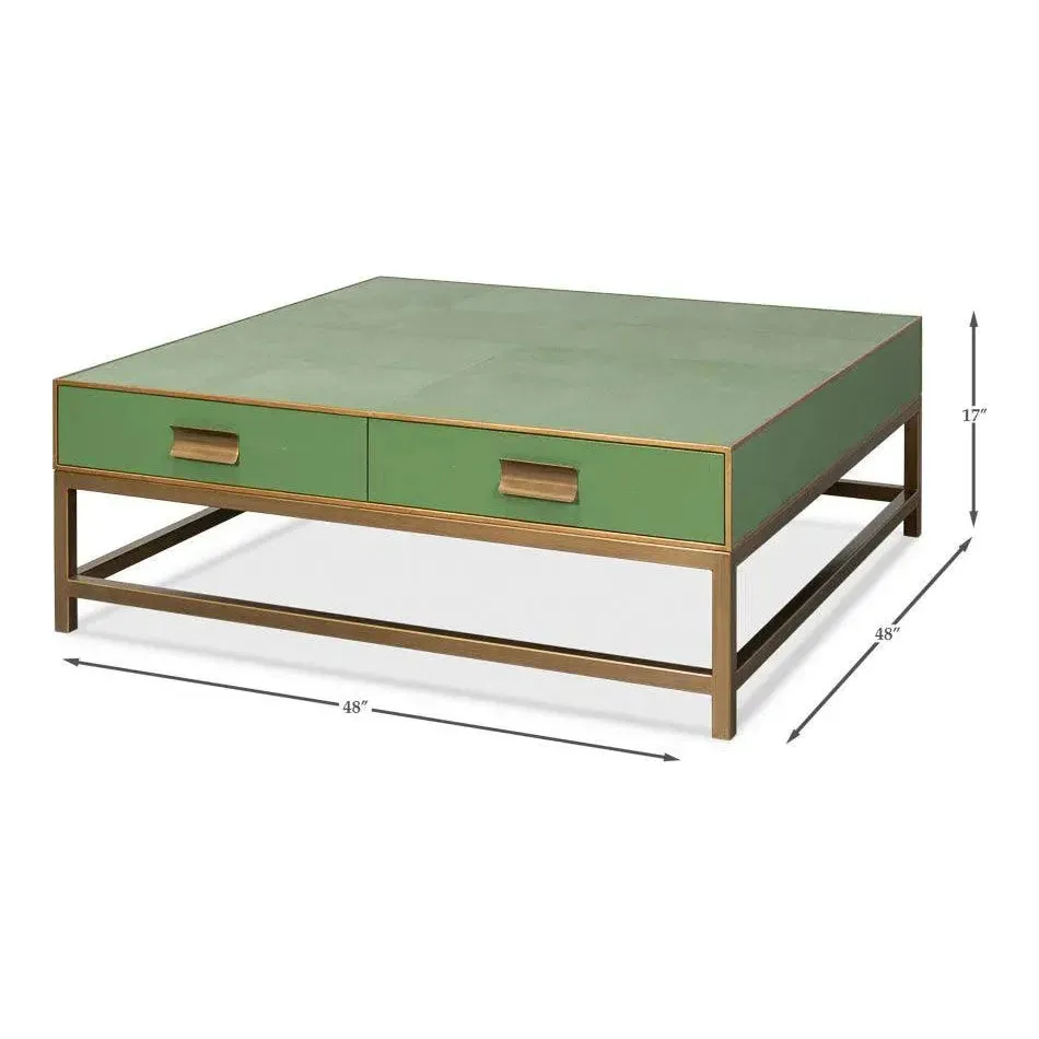 Gideon Wood and Shagreen Leather Green Square Coffee Table