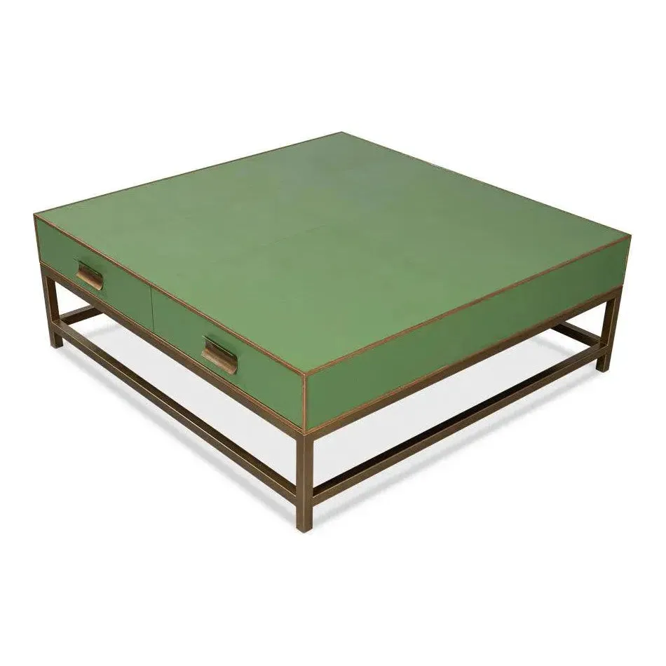 Gideon Wood and Shagreen Leather Green Square Coffee Table