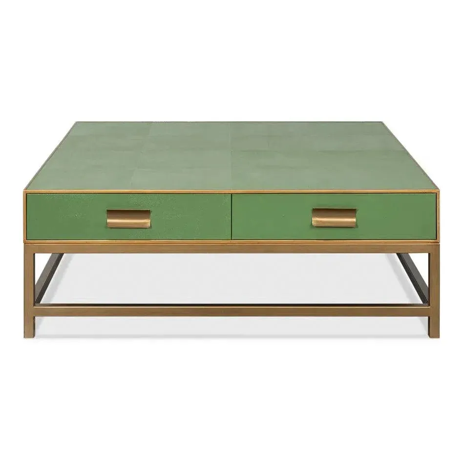 Gideon Wood and Shagreen Leather Green Square Coffee Table