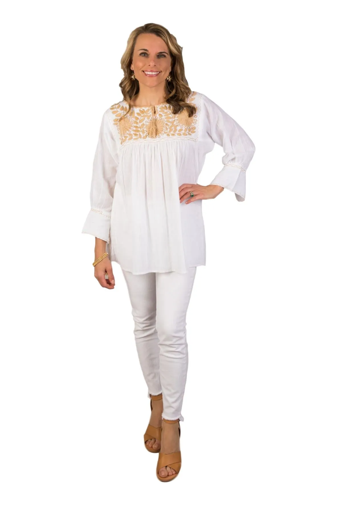 Girasole Hand-Embroidered Mexican Top - White, Taupe