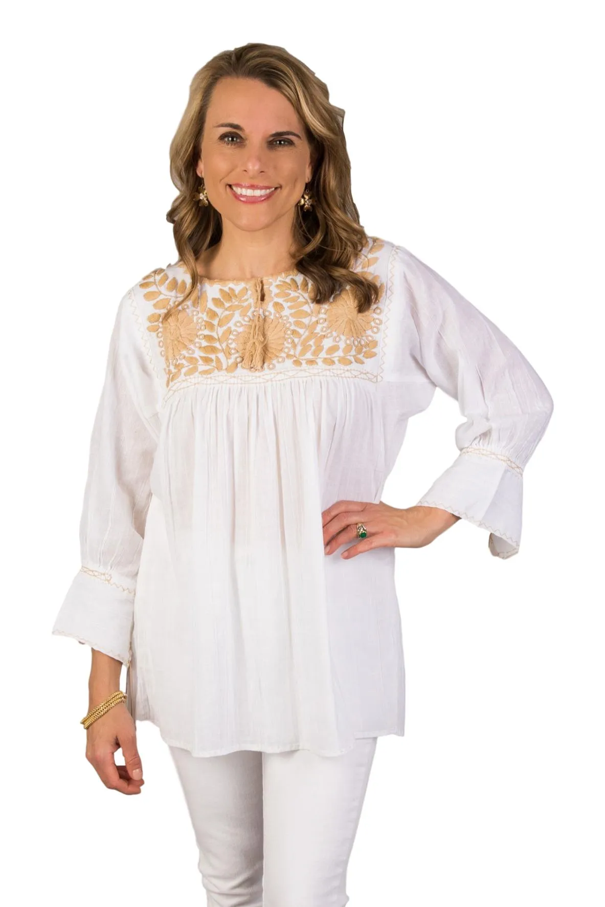 Girasole Hand-Embroidered Mexican Top - White, Taupe