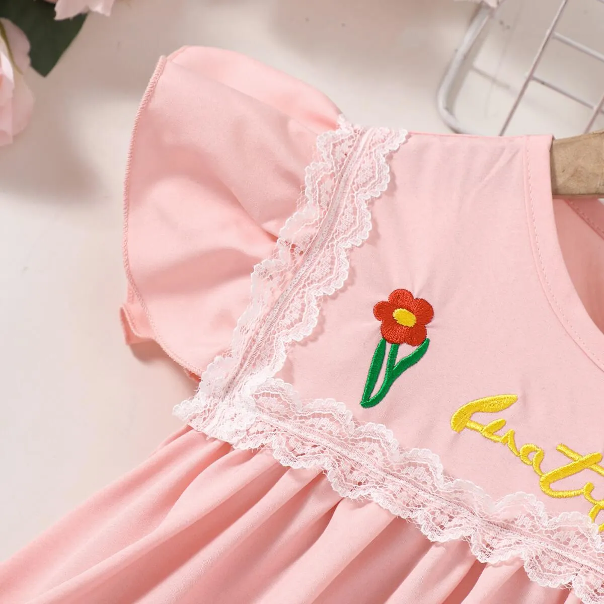 Girls Embroidered Lace Trim Round Neck