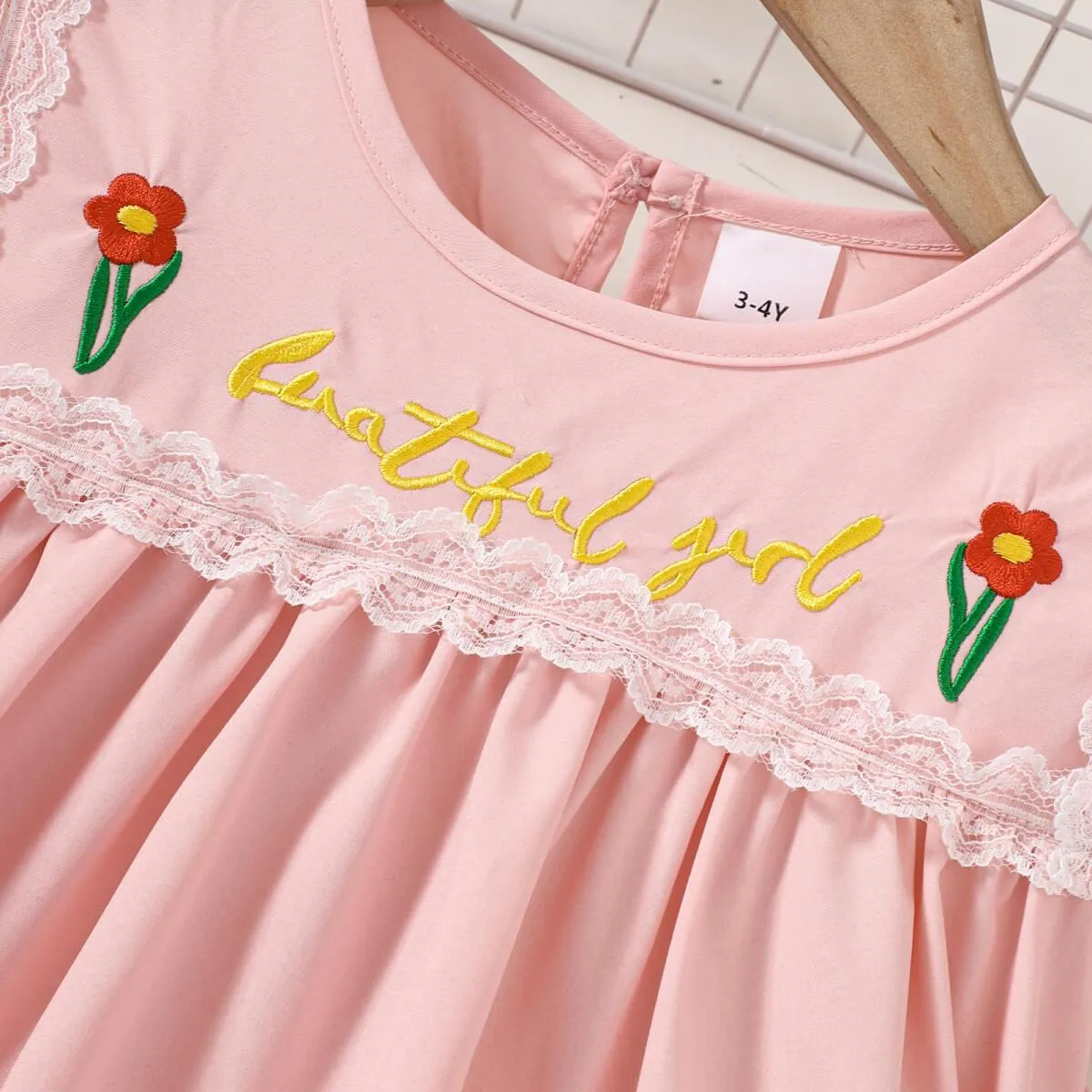 Girls Embroidered Lace Trim Round Neck