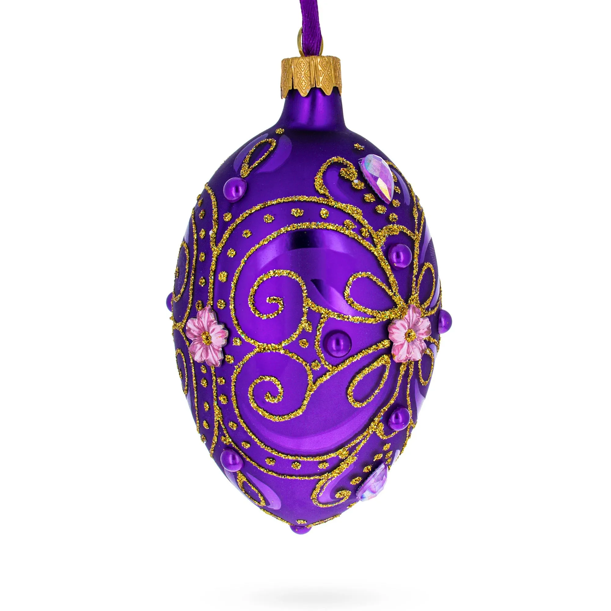 Gold On Purple Glass Egg Christmas Ornament 4 Inches