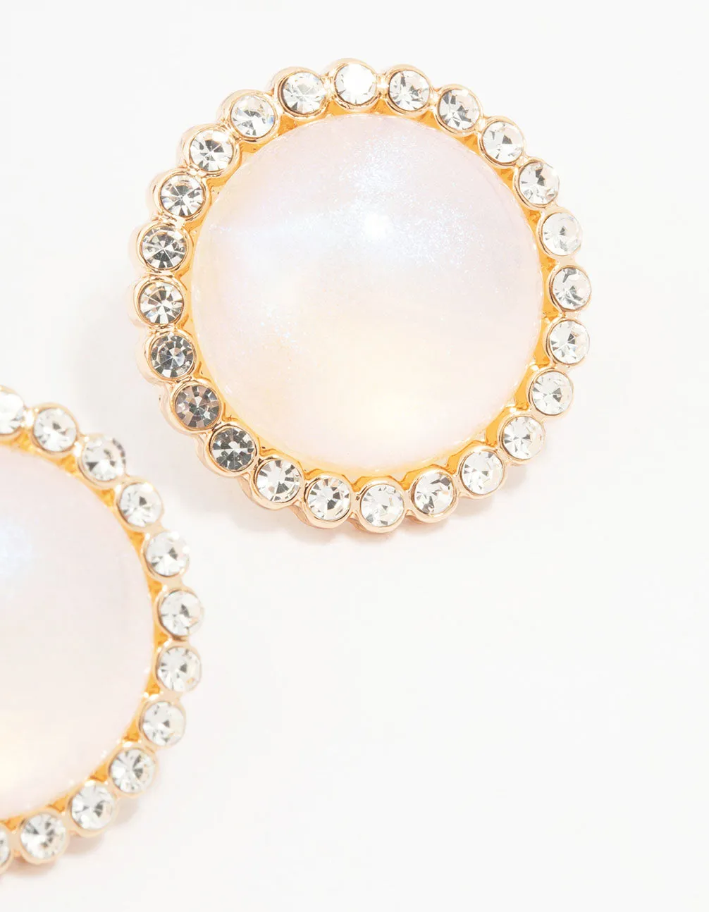 Gold Round Diamante Pearl Stud Earrings