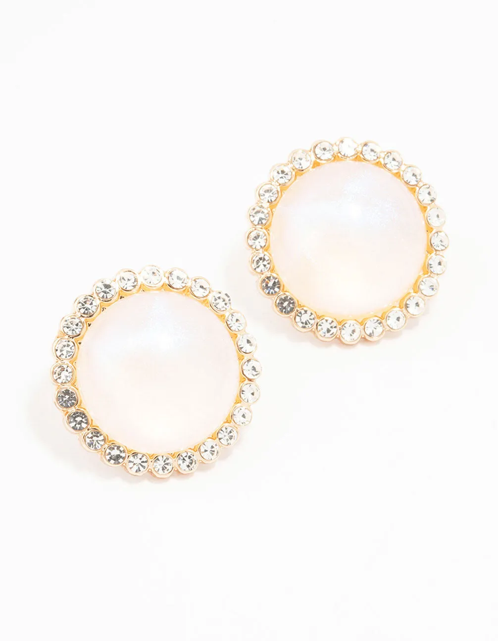 Gold Round Diamante Pearl Stud Earrings