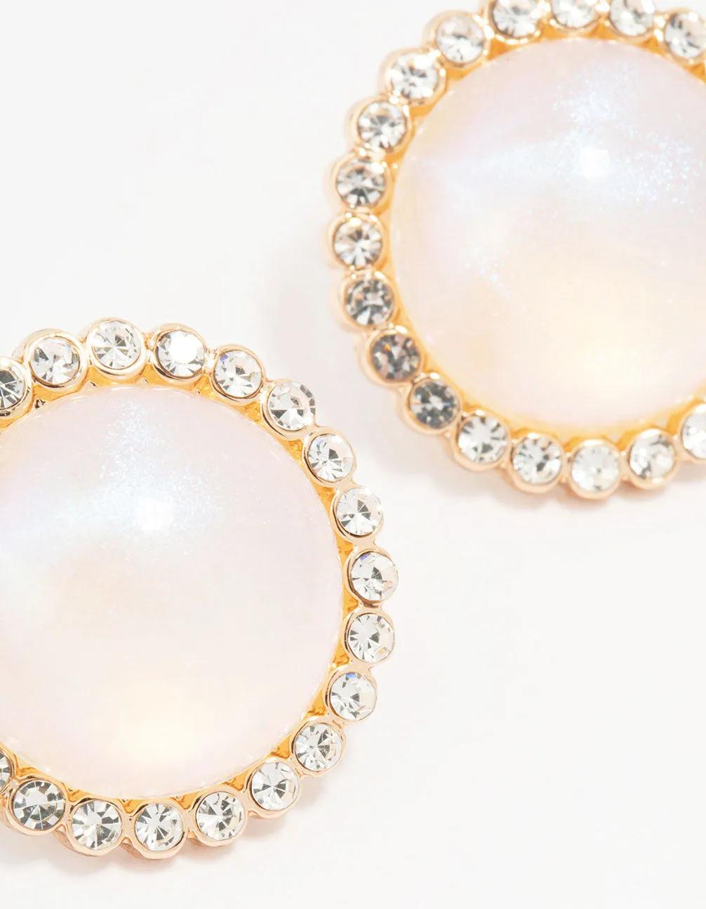 Gold Round Diamante Pearl Stud Earrings