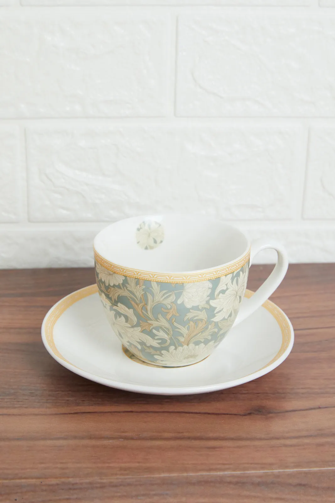 Green And White Floral Cup And Saucer Set (2 Piece)