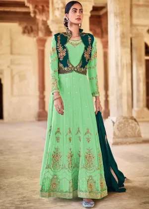 Green Designer Embroidered Georgette Anarkali with Jacket